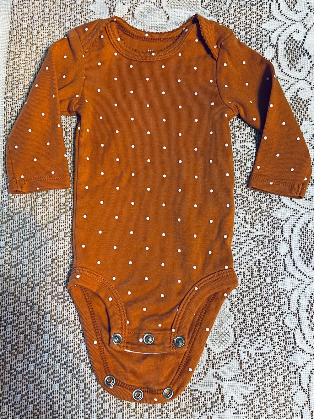 Carter's Long-Sleeve One-Piece in Rust Burnt Orange with White Dots